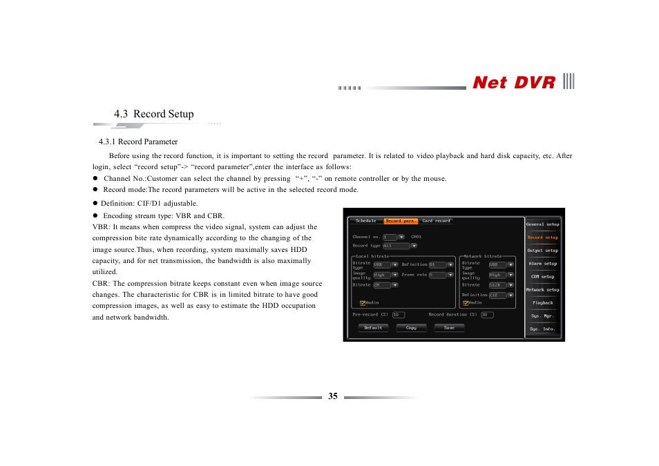 Net dvr, 3 record setup | eLine Technology ECO3 User Manual User Manual | Page 35 / 76