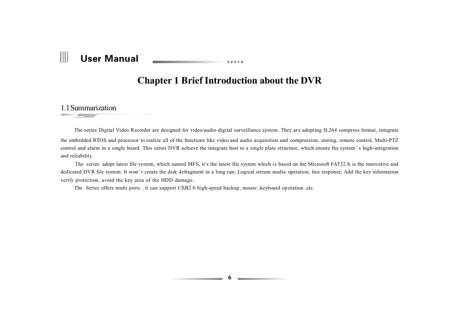 Chapter 1 brief introduction about the dvr, User manual | eLine Technology ECO3 User Manual User Manual | Page 6 / 76