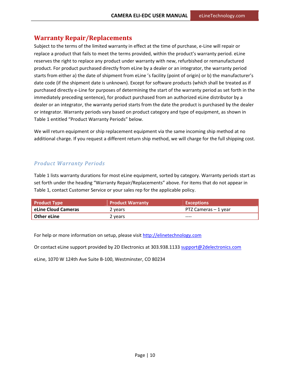Warranty repair/replacements | eLine Technology EDC User Manual User Manual | Page 10 / 10