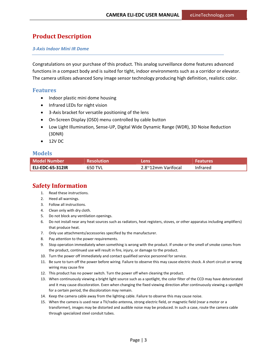 Product description, Safety information, Features | Models | eLine Technology EDC User Manual User Manual | Page 3 / 10