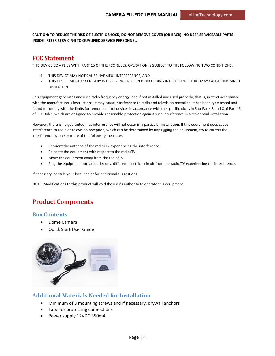 Fcc statement, Product components, Box contents | Additional materials needed for installation | eLine Technology EDC User Manual User Manual | Page 4 / 10