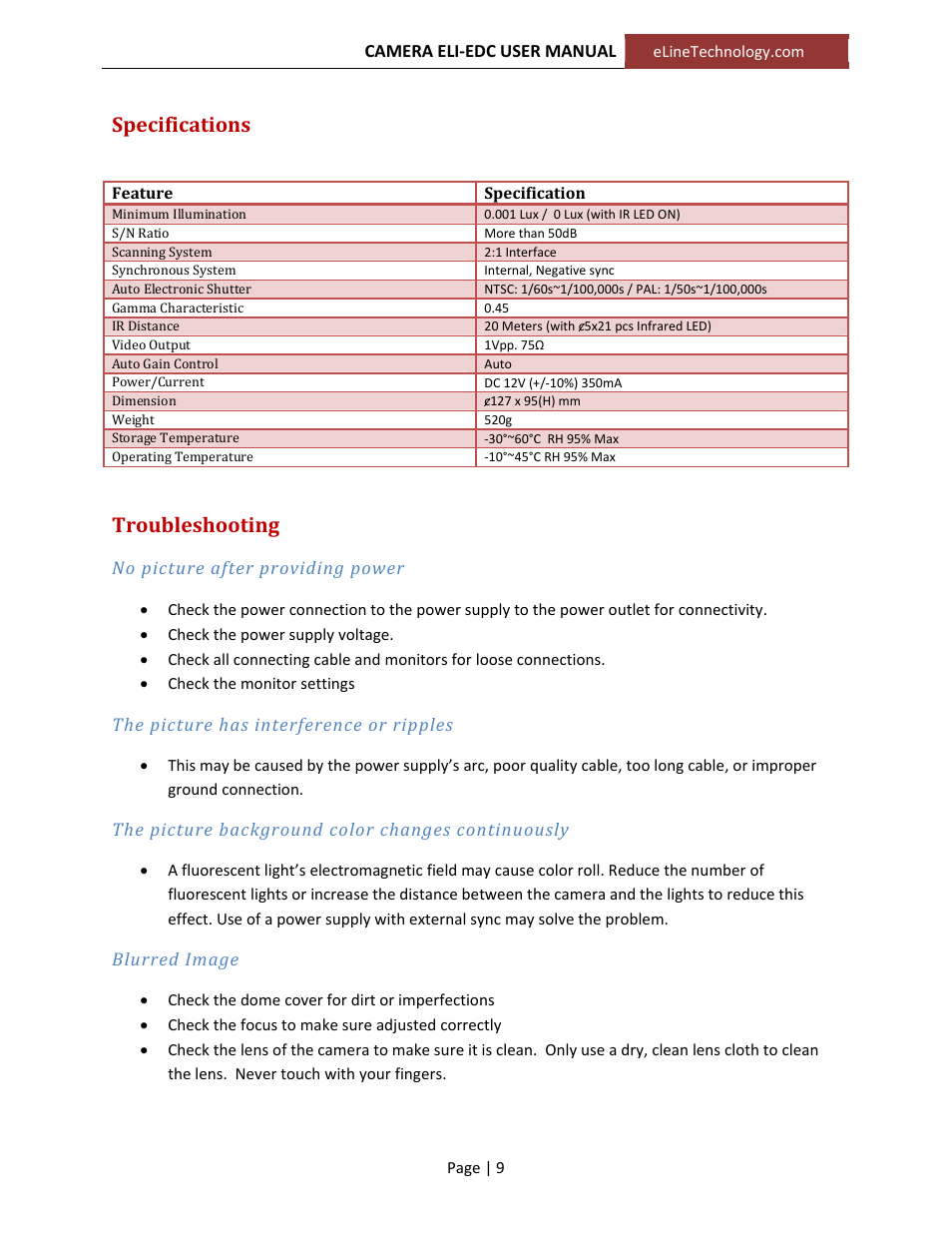 Specifications, Troubleshooting | eLine Technology EDC User Manual User Manual | Page 9 / 10