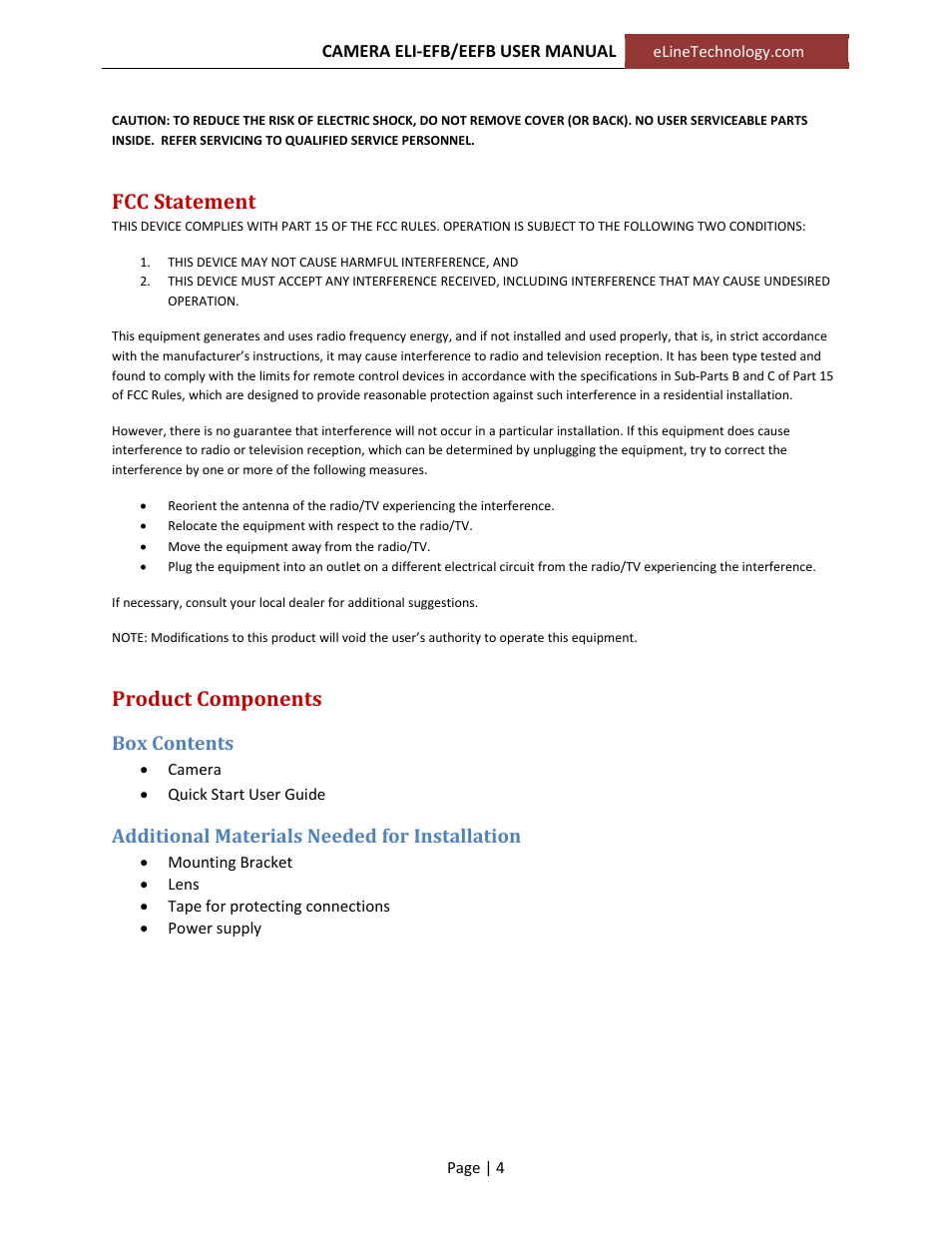Fcc statement, Product components, Box contents | Additional materials needed for installation | eLine Technology EFB_EEFB User Manual User Manual | Page 4 / 9