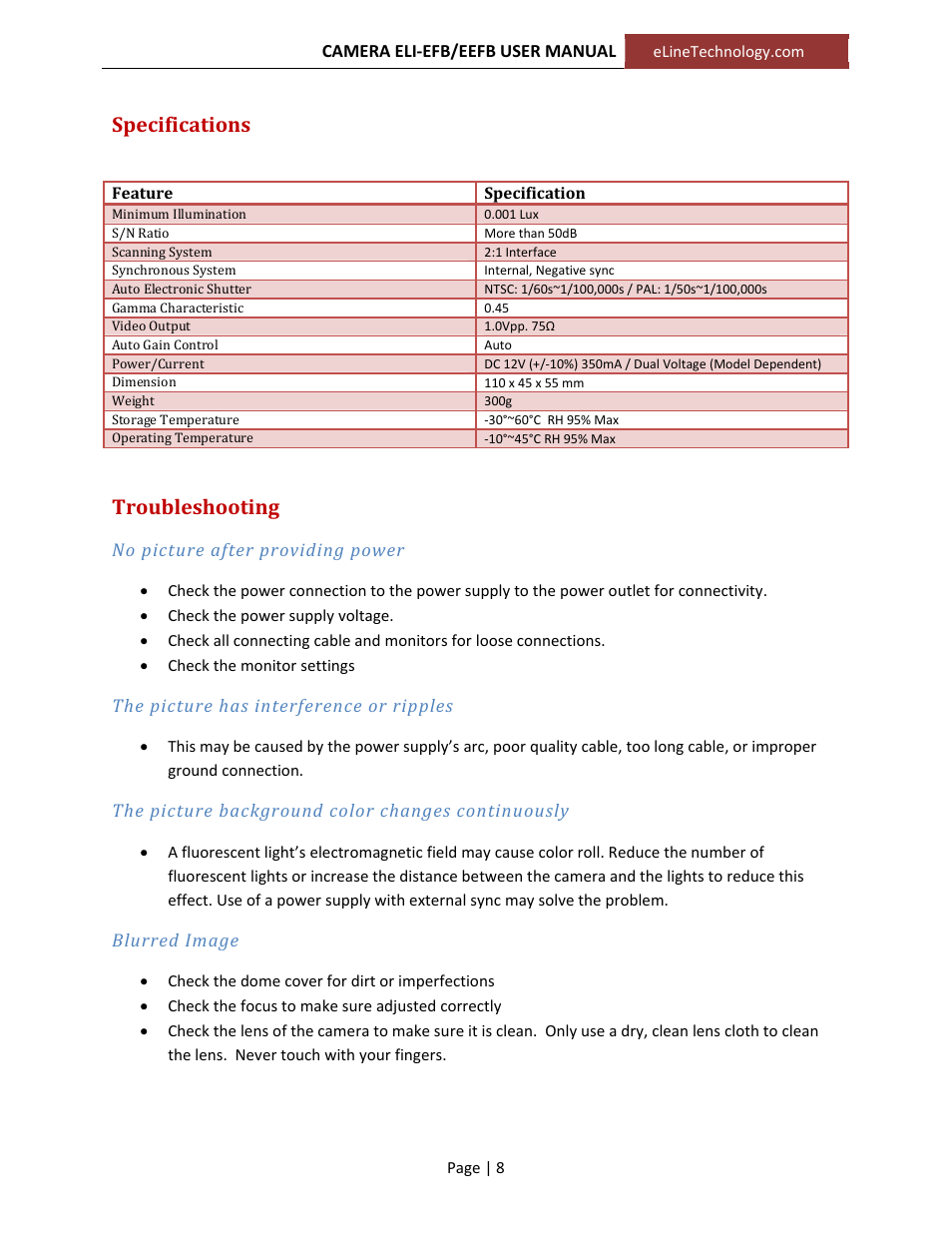 Specifications, Troubleshooting | eLine Technology EFB_EEFB User Manual User Manual | Page 8 / 9