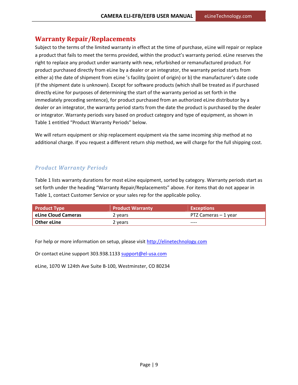 Warranty repair/replacements | eLine Technology EFB_EEFB User Manual User Manual | Page 9 / 9