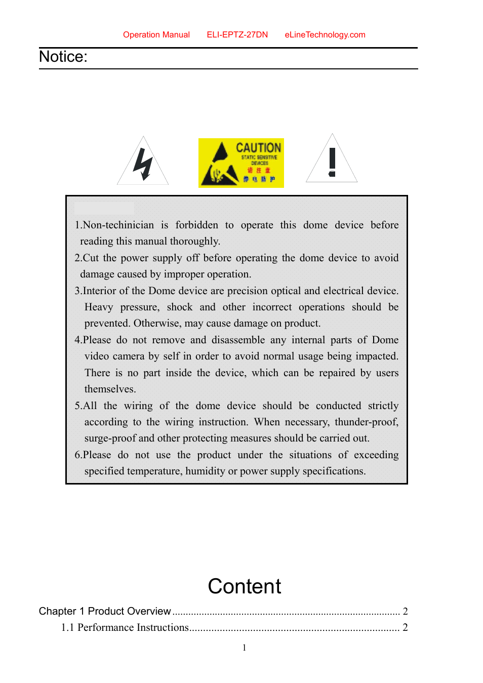 Content, Notice | eLine Technology EPTZ-27DN User Manual User Manual | Page 2 / 26