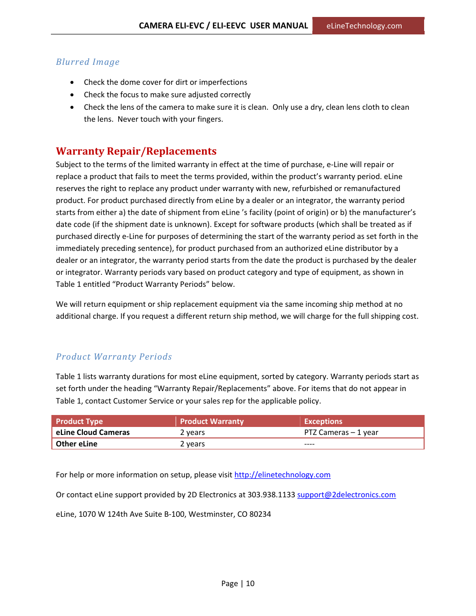Warranty repair/replacements | eLine Technology EVC User Manual User Manual | Page 10 / 10