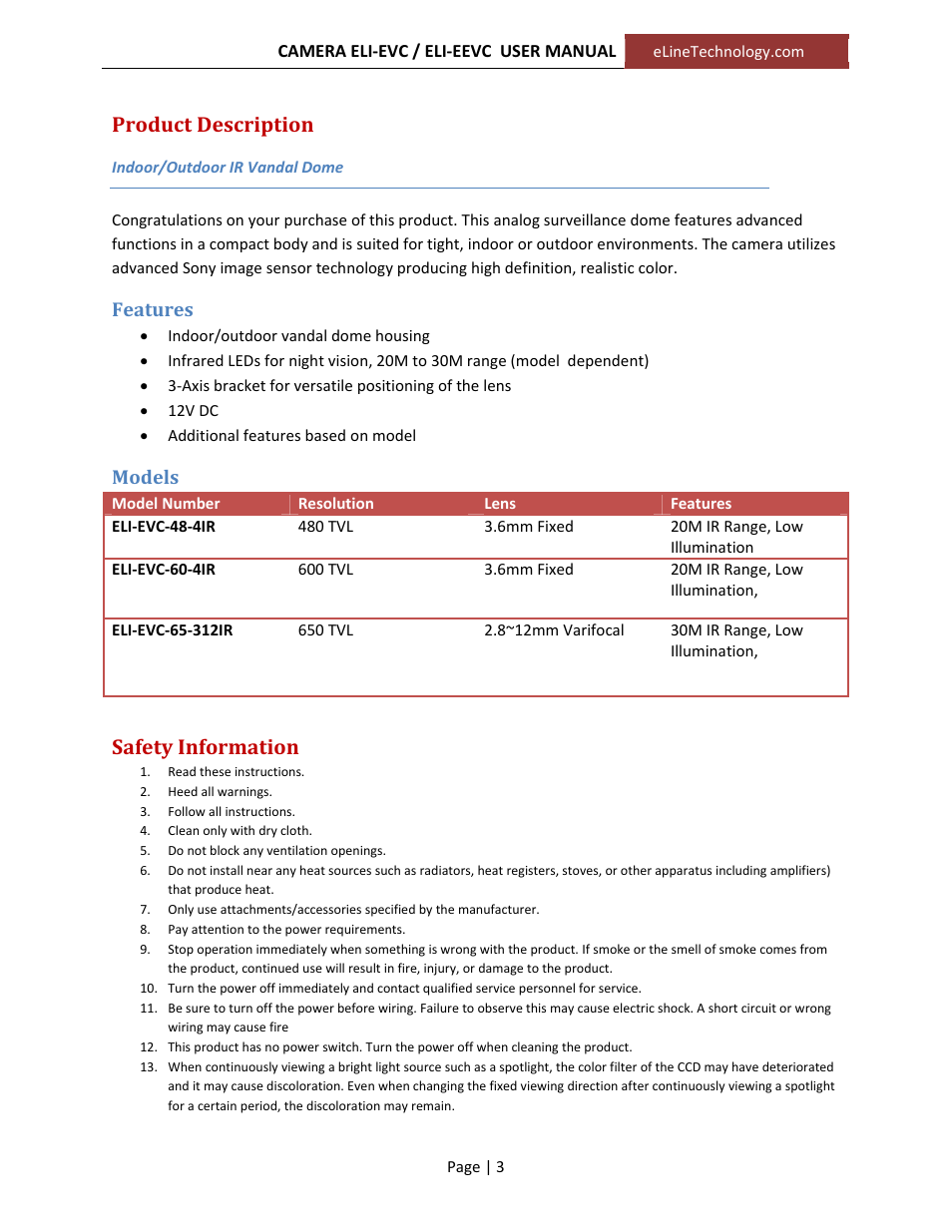 Product description, Safety information, Features | Models | eLine Technology EVC User Manual User Manual | Page 3 / 10