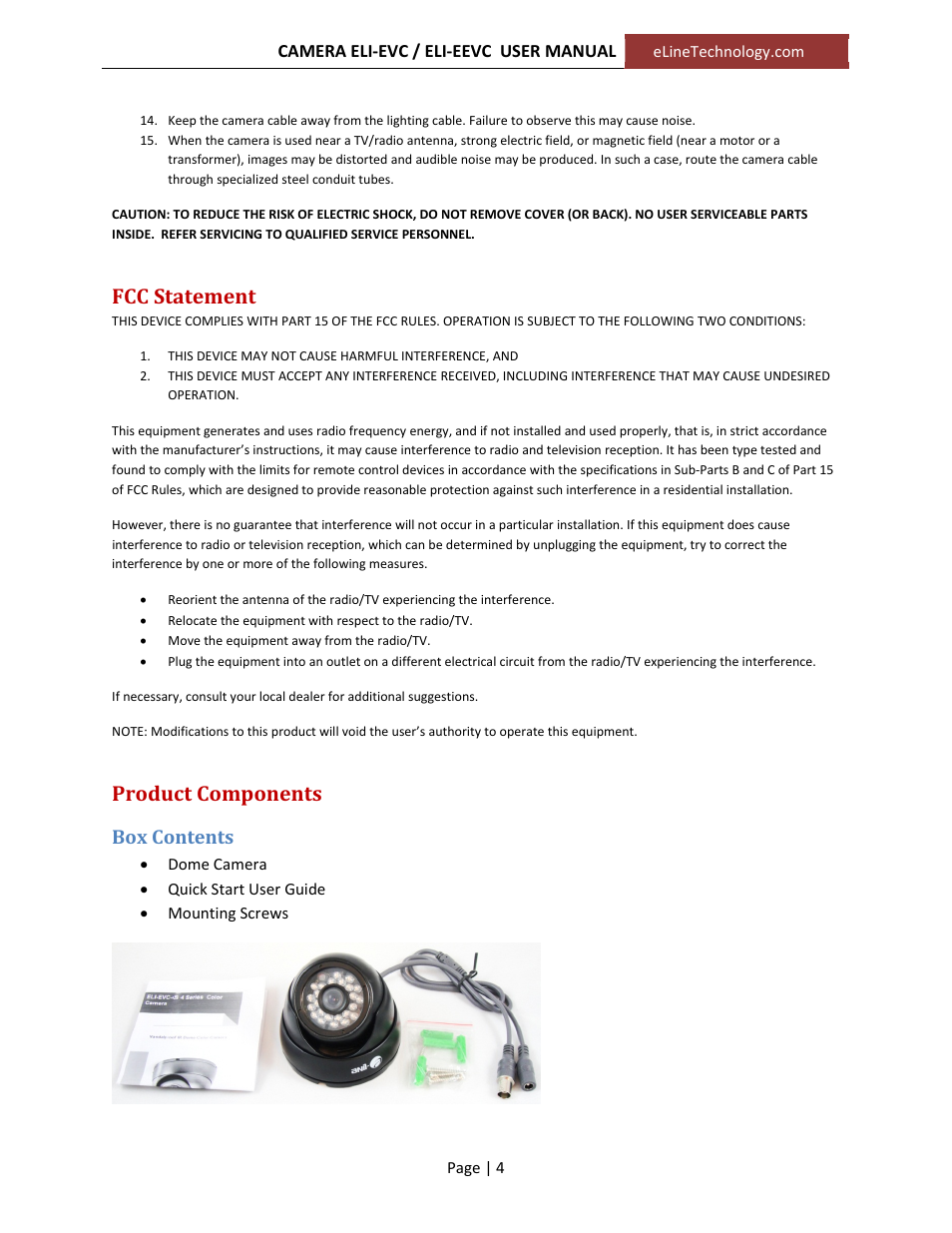 Fcc statement, Product components, Box contents | eLine Technology EVC User Manual User Manual | Page 4 / 10