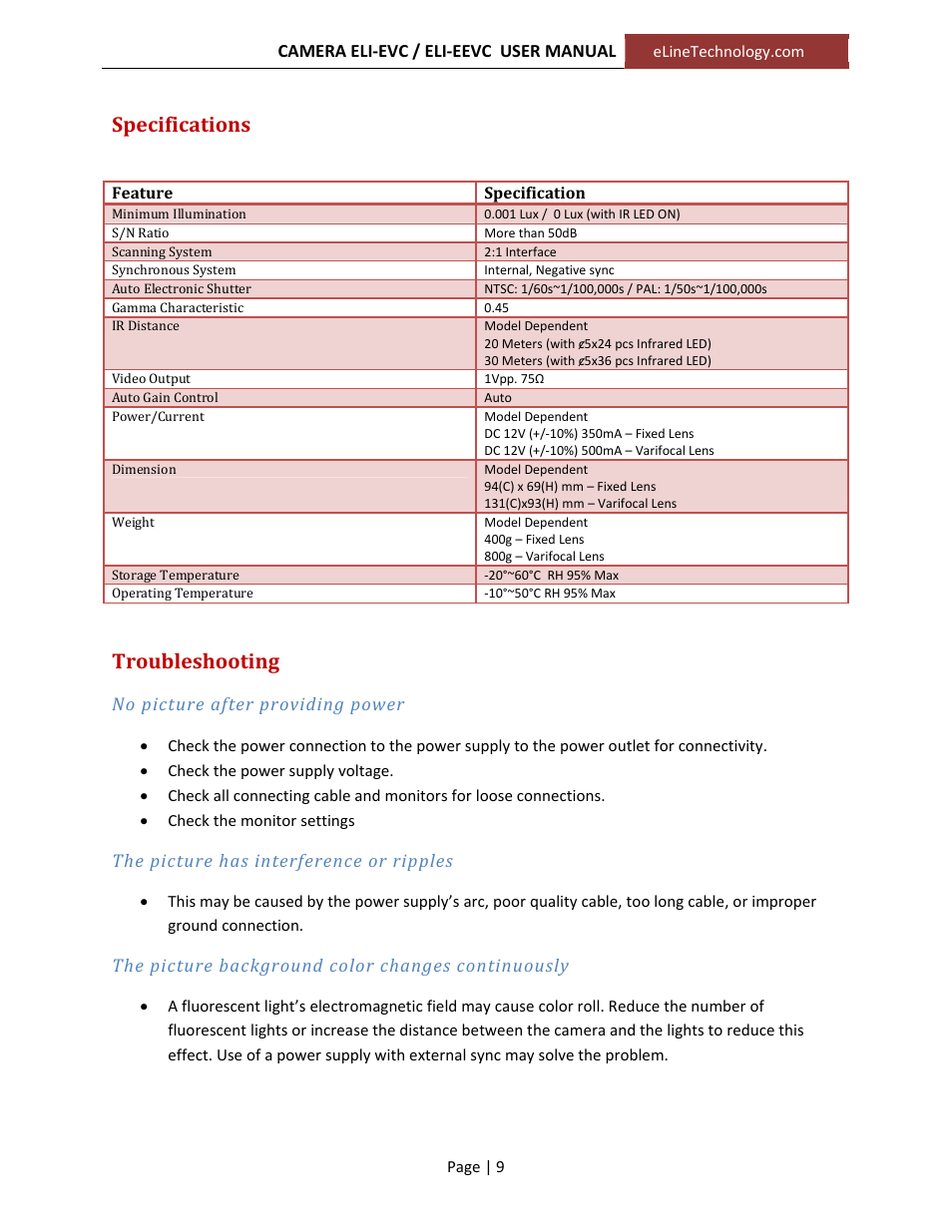 Specifications, Troubleshooting | eLine Technology EVC User Manual User Manual | Page 9 / 10