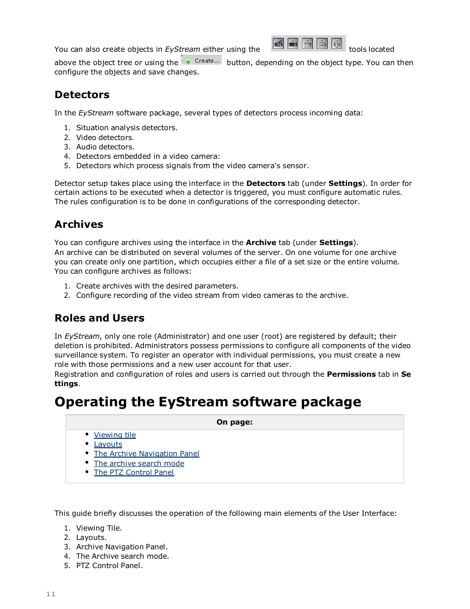 Operating the eystream software package, Detectors, Archives | Roles and users | eLine Technology EYS-VMS eyStream Quick Start User Manual | Page 11 / 16