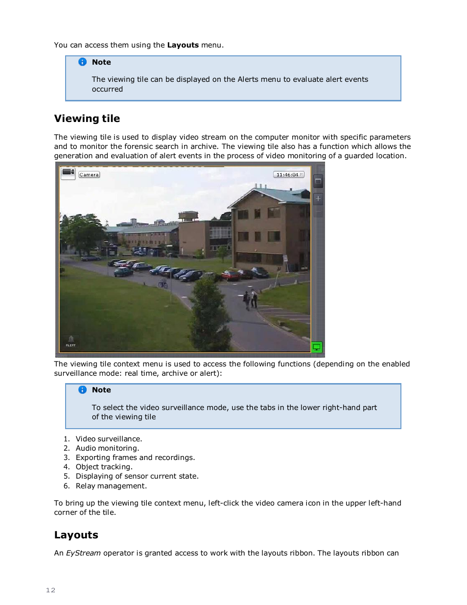 Viewing tile, Layouts | eLine Technology EYS-VMS eyStream Quick Start User Manual | Page 12 / 16