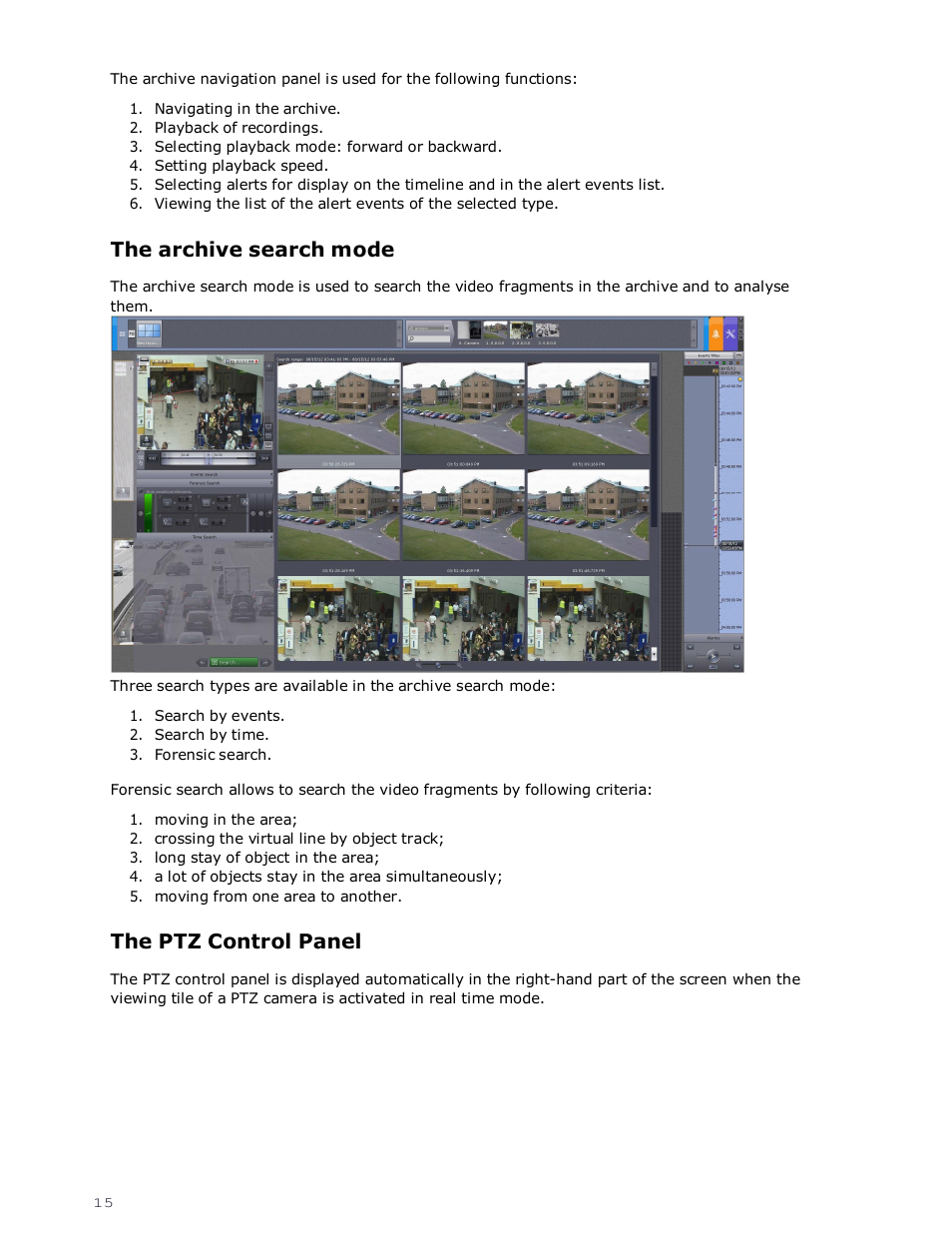 The archive search mode, The ptz control panel | eLine Technology EYS-VMS eyStream Quick Start User Manual | Page 15 / 16