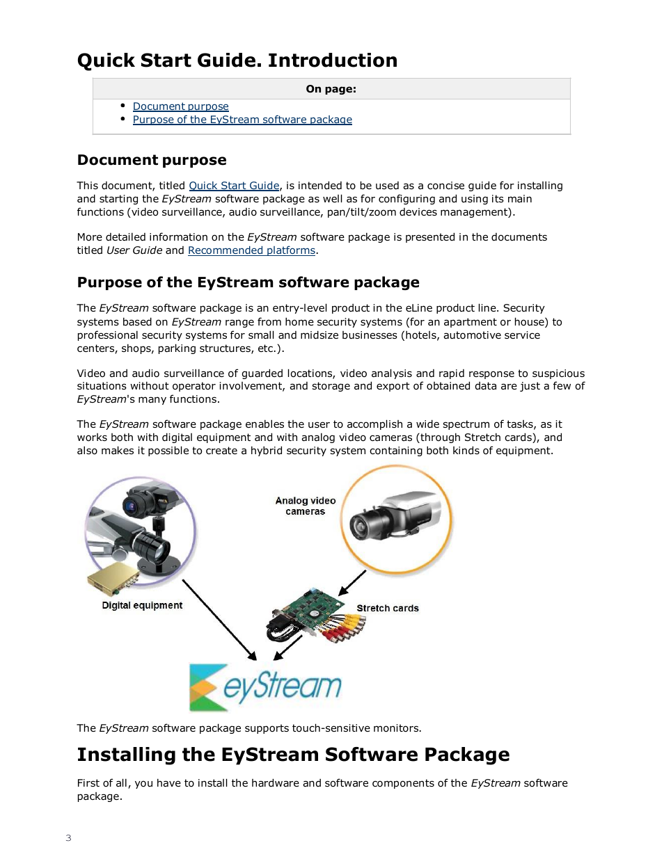 Quick start guide. introduction, Installing the eystream software package, Document purpose | Purpose of the eystream software package | eLine Technology EYS-VMS eyStream Quick Start User Manual | Page 3 / 16