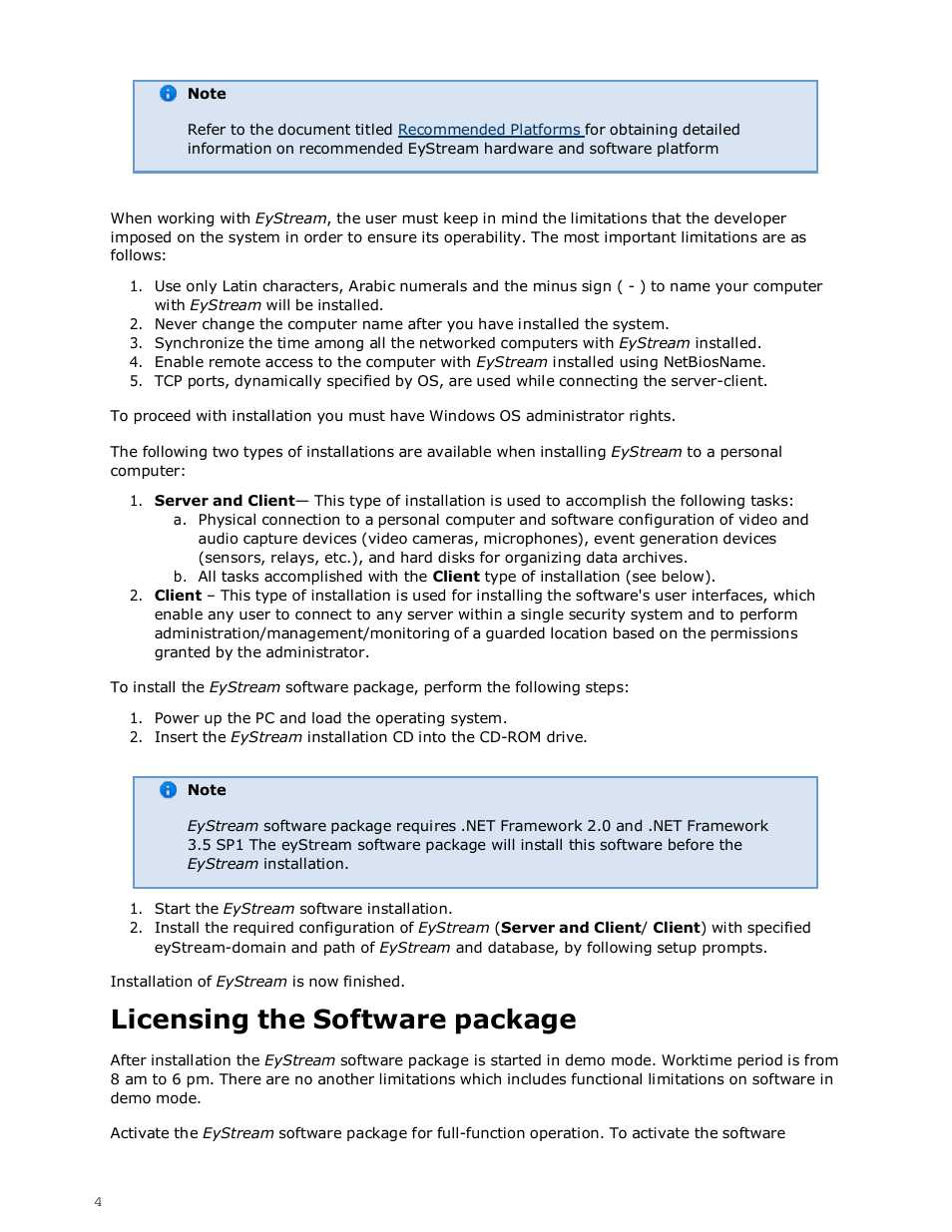 Licensing the software package | eLine Technology EYS-VMS eyStream Quick Start User Manual | Page 4 / 16