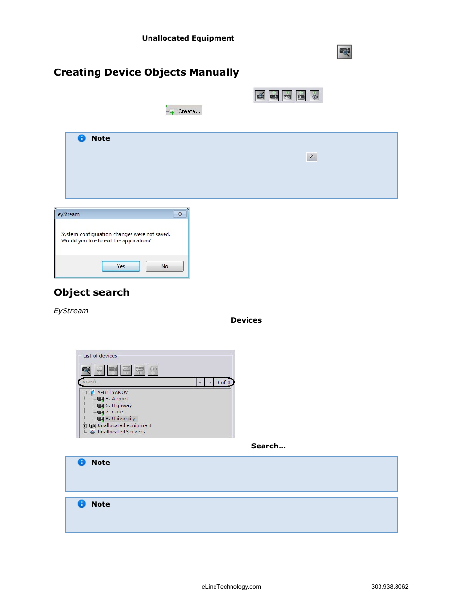 Creating device objects manually, Object search | eLine Technology EYS-VMS eyStream User Manual Part1 User Manual | Page 51 / 100