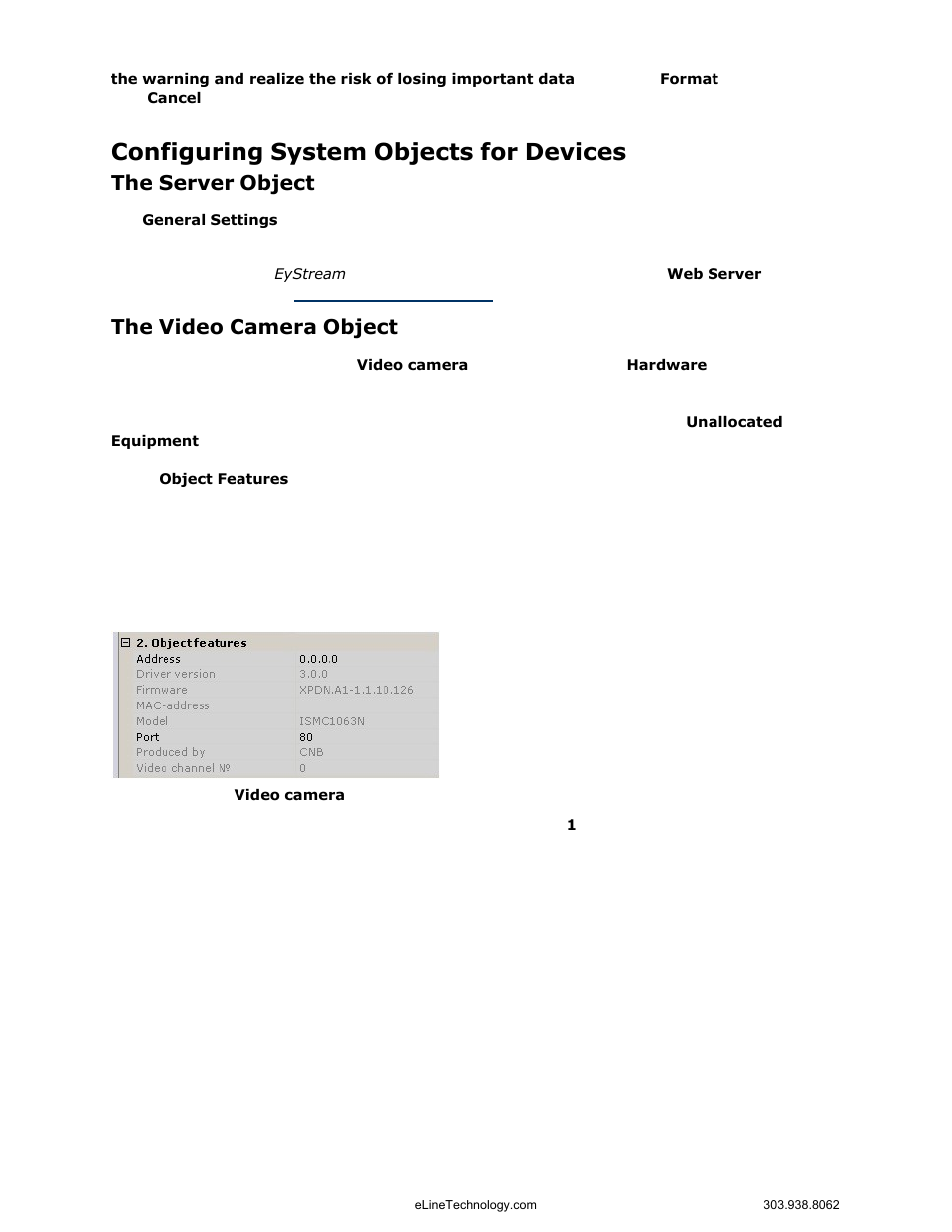 Configuring system objects for devices, The server object, The video camera object | eLine Technology EYS-VMS eyStream User Manual Part1 User Manual | Page 61 / 100