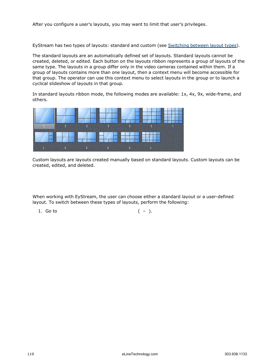 Layouts ribbon modes, Switching between layout types | eLine Technology EYS-VMS eyStream User Manual Part2 User Manual | Page 19 / 100