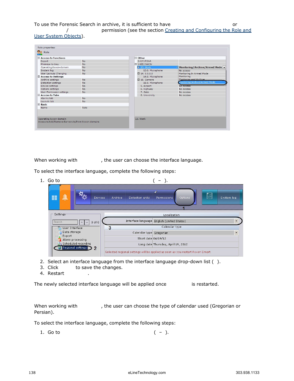 Configuring the user interface, Selecting the interface language, Selecting the calendar type | eLine Technology EYS-VMS eyStream User Manual Part2 User Manual | Page 38 / 100