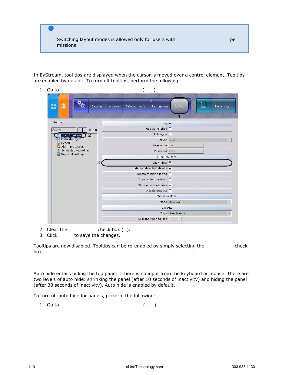 Hiding tooltips, Configuring auto hide for panels | eLine Technology EYS-VMS eyStream User Manual Part2 User Manual | Page 40 / 100