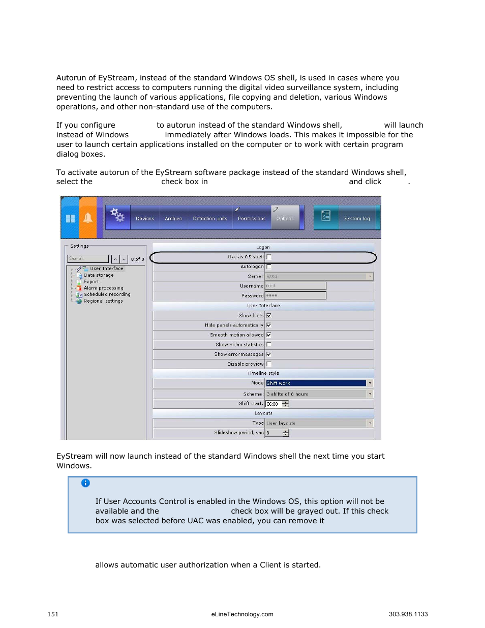 Configuring how eystream starts, Configuring autologon | eLine Technology EYS-VMS eyStream User Manual Part2 User Manual | Page 51 / 100