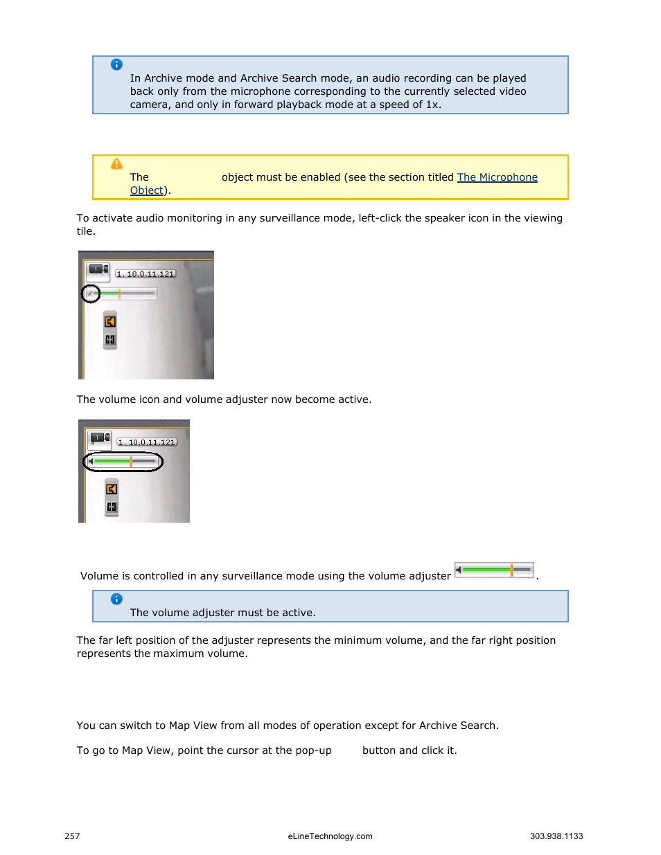 Working with the interactive map, Activating audio monitoring, Volume control | Opening and closing the map | eLine Technology EYS-VMS eyStream User Manual Part3 User Manual | Page 57 / 96