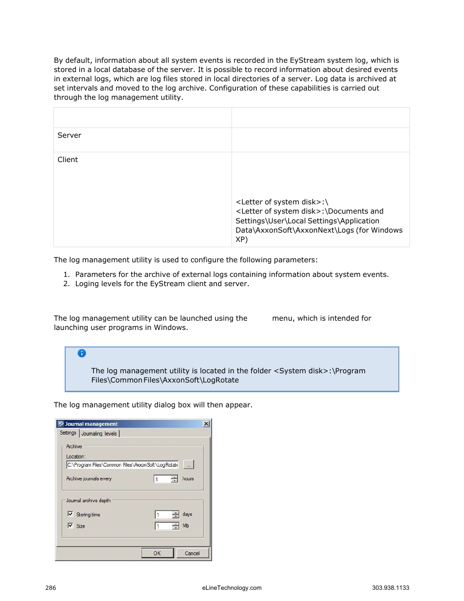 Log management utility, Starting and closing the utility | eLine Technology EYS-VMS eyStream User Manual Part3 User Manual | Page 86 / 96