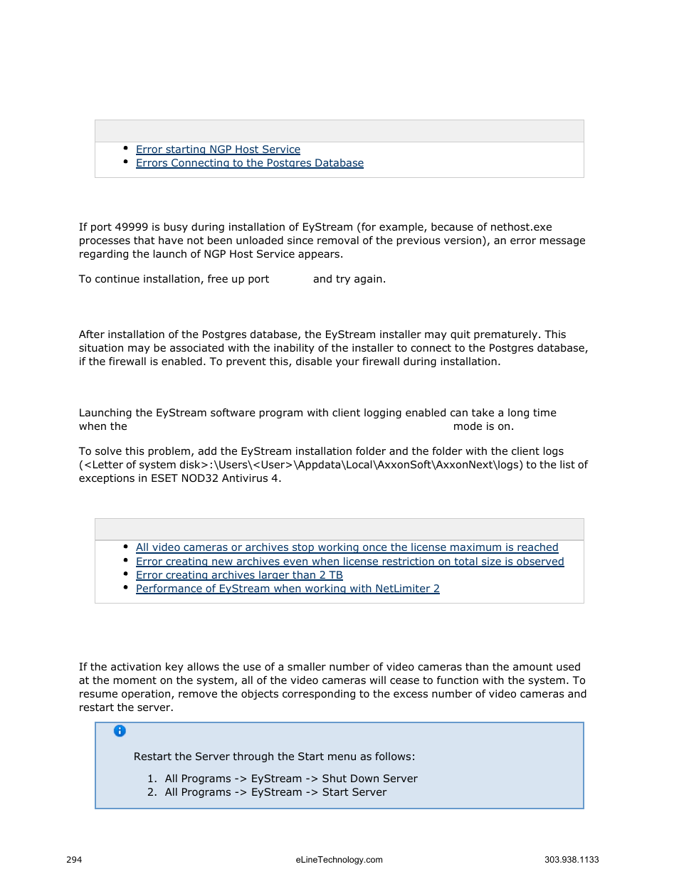Possible errors during installation, Possible errors during start-up, Possible errors during operation | eLine Technology EYS-VMS eyStream User Manual Part3 User Manual | Page 94 / 96