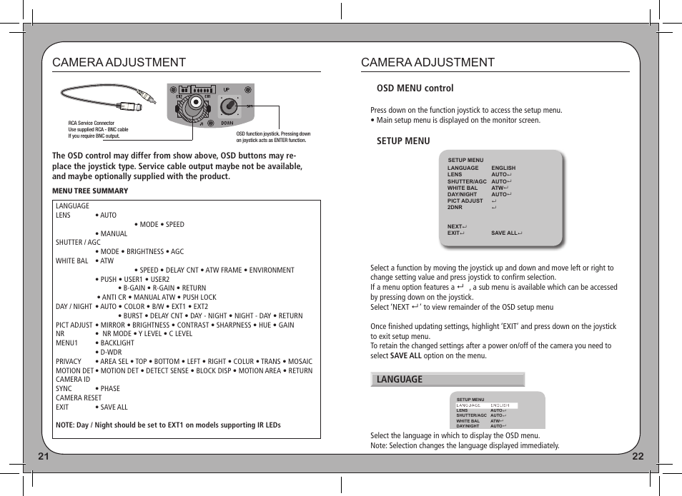 Camera adjustment, Osd menu control, Setup menu | Language | eLine Technology PRO3 Effio E User Manual | Page 12 / 18
