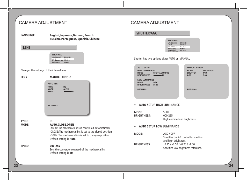 Camera adjustment, Lens, Shutter/agc | Auto setup high luminance, Auto setup low luminance | eLine Technology PRO3 Effio E User Manual | Page 13 / 18