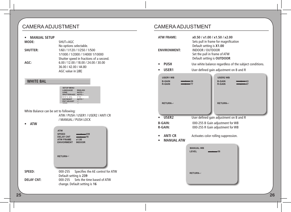 Camera adjustment, White bal | eLine Technology PRO3 Effio E User Manual | Page 14 / 18