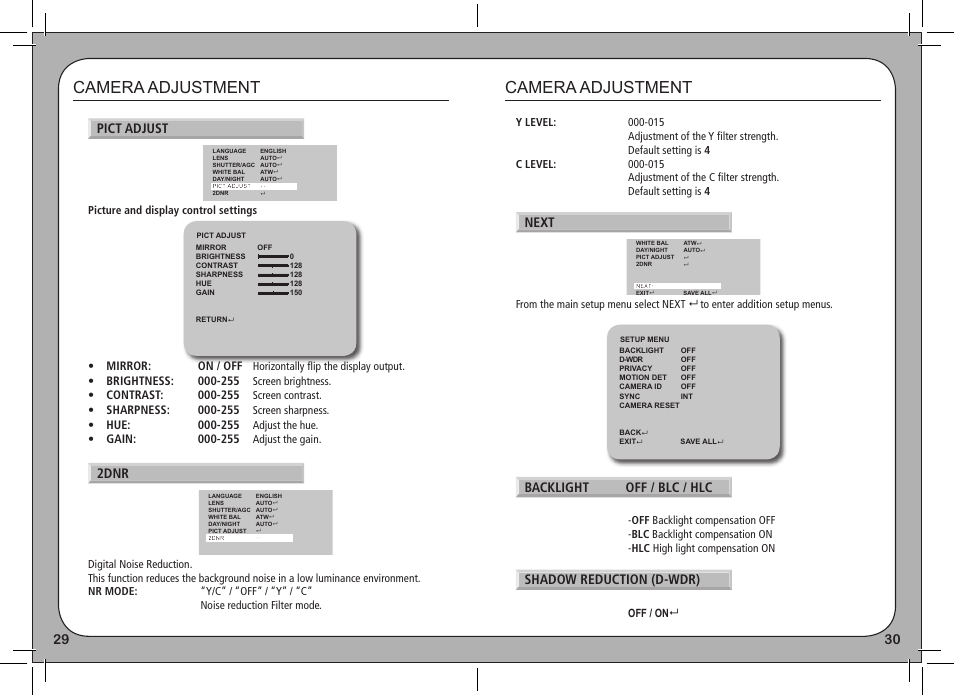 Camera adjustment, Pict adjust, 2dnr | Next, Backlight off / blc / hlc, Shadow reduction (d-wdr), Mirror: on / off | eLine Technology PRO3 Effio E User Manual | Page 16 / 18