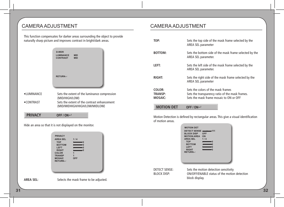 Camera adjustment, Privacy, Motion det | eLine Technology PRO3 Effio E User Manual | Page 17 / 18