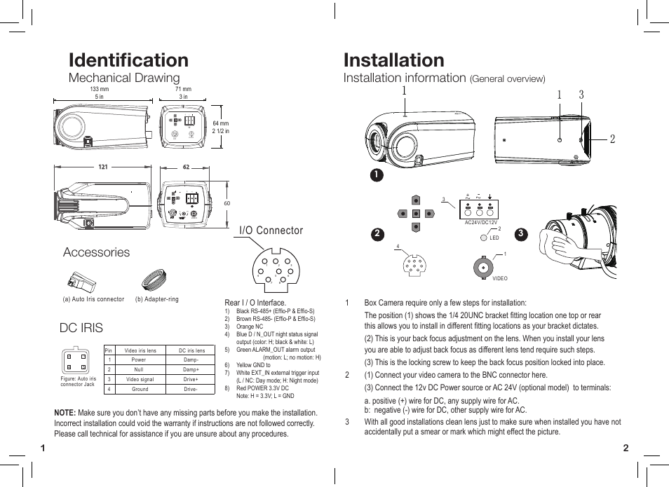 Identification, Installation, Mechanical drawing | Installation information, Accessories dc iris, I/o connector, General overview) | eLine Technology PRO3 Effio E User Manual | Page 2 / 18