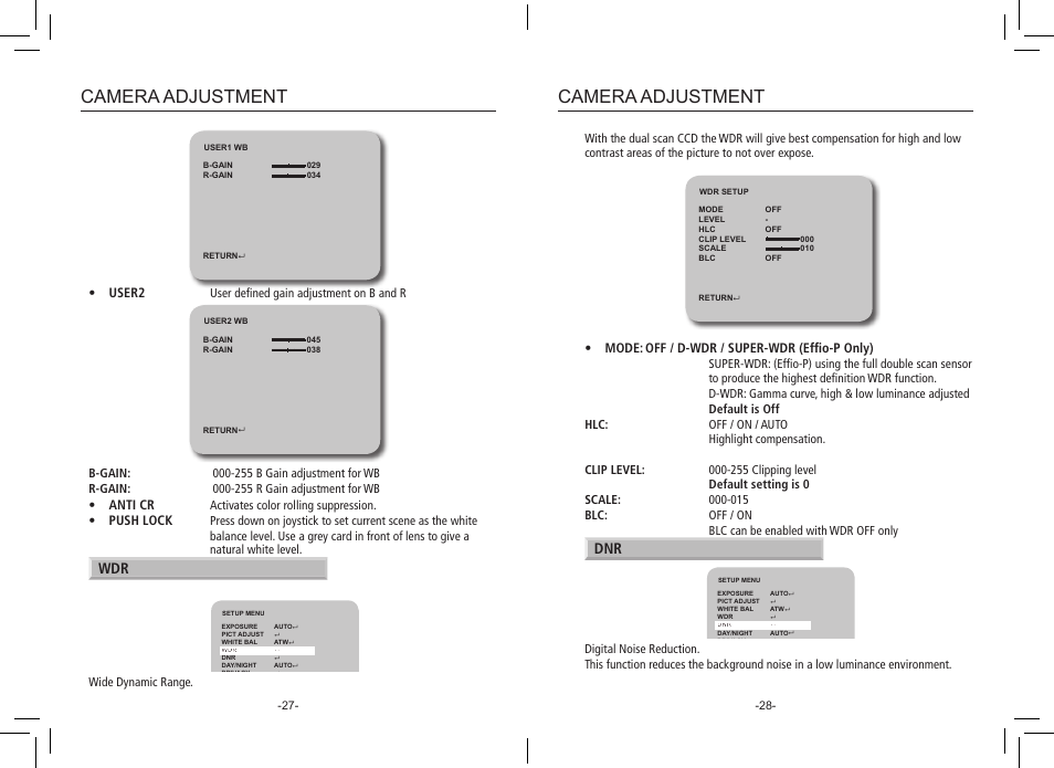 Camera adjustment, User2, Anti cr | Push lock, Mode: off / d-wdr / super-wdr (effio-p only) | eLine Technology PRO3 Effio P & S User Manual | Page 15 / 20