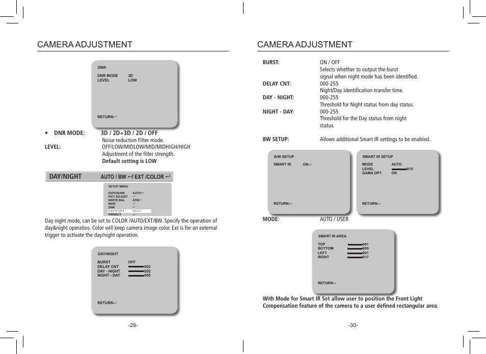 Camera adjustment, Day/night, Dnr mode: 3d / 2d+3d / 2d / off | eLine Technology PRO3 Effio P & S User Manual | Page 16 / 20