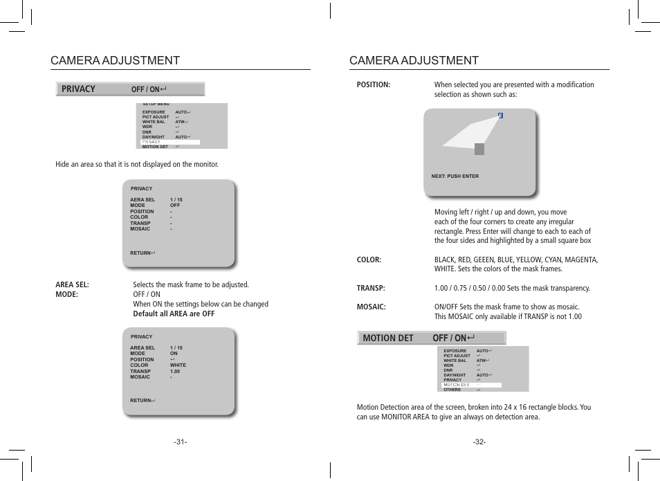 Camera adjustment, Privacy, Motion det off / on | eLine Technology PRO3 Effio P & S User Manual | Page 17 / 20