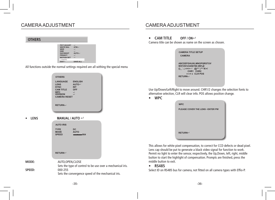 Camera adjustment, Others, Cam title | Rs485, Lens manual / auto, Off / on | eLine Technology PRO3 Effio P & S User Manual | Page 19 / 20