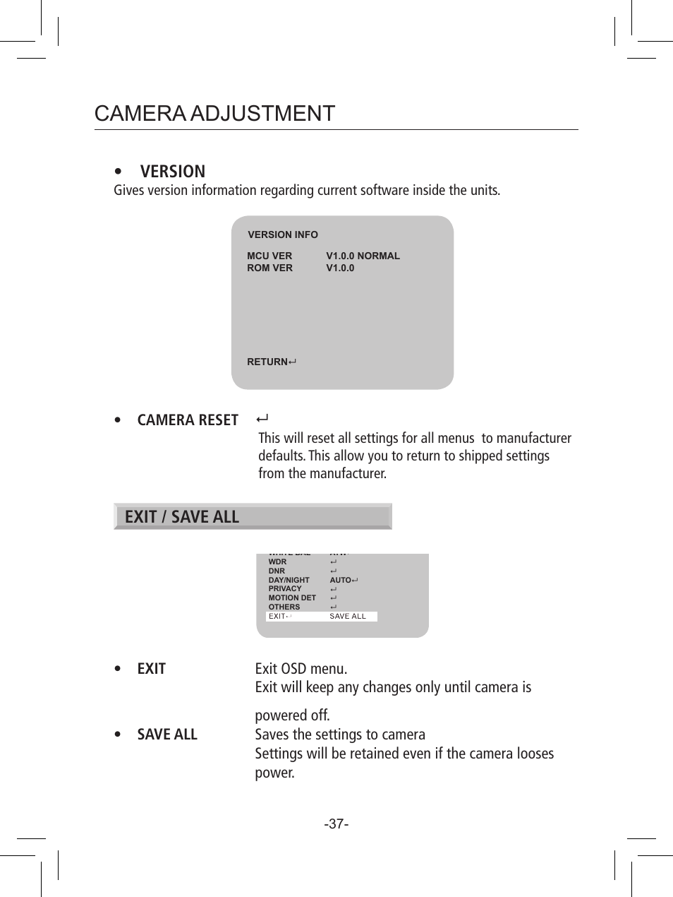 Camera adjustment, Version, Exit / save all | eLine Technology PRO3 Effio P & S User Manual | Page 20 / 20