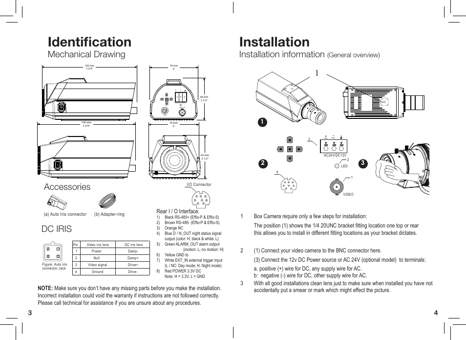 Identification, Installation, Mechanical drawing | Installation information, Accessories dc iris, General overview) | eLine Technology PRO3 Effio P & S User Manual | Page 3 / 20