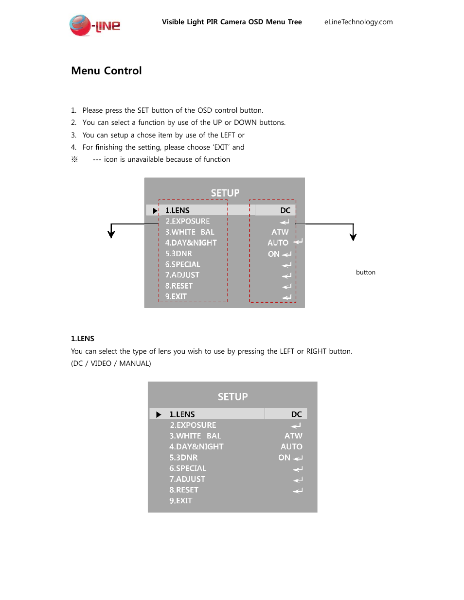 Menu control | eLine Technology VL-PIR User Manual | Page 3 / 16
