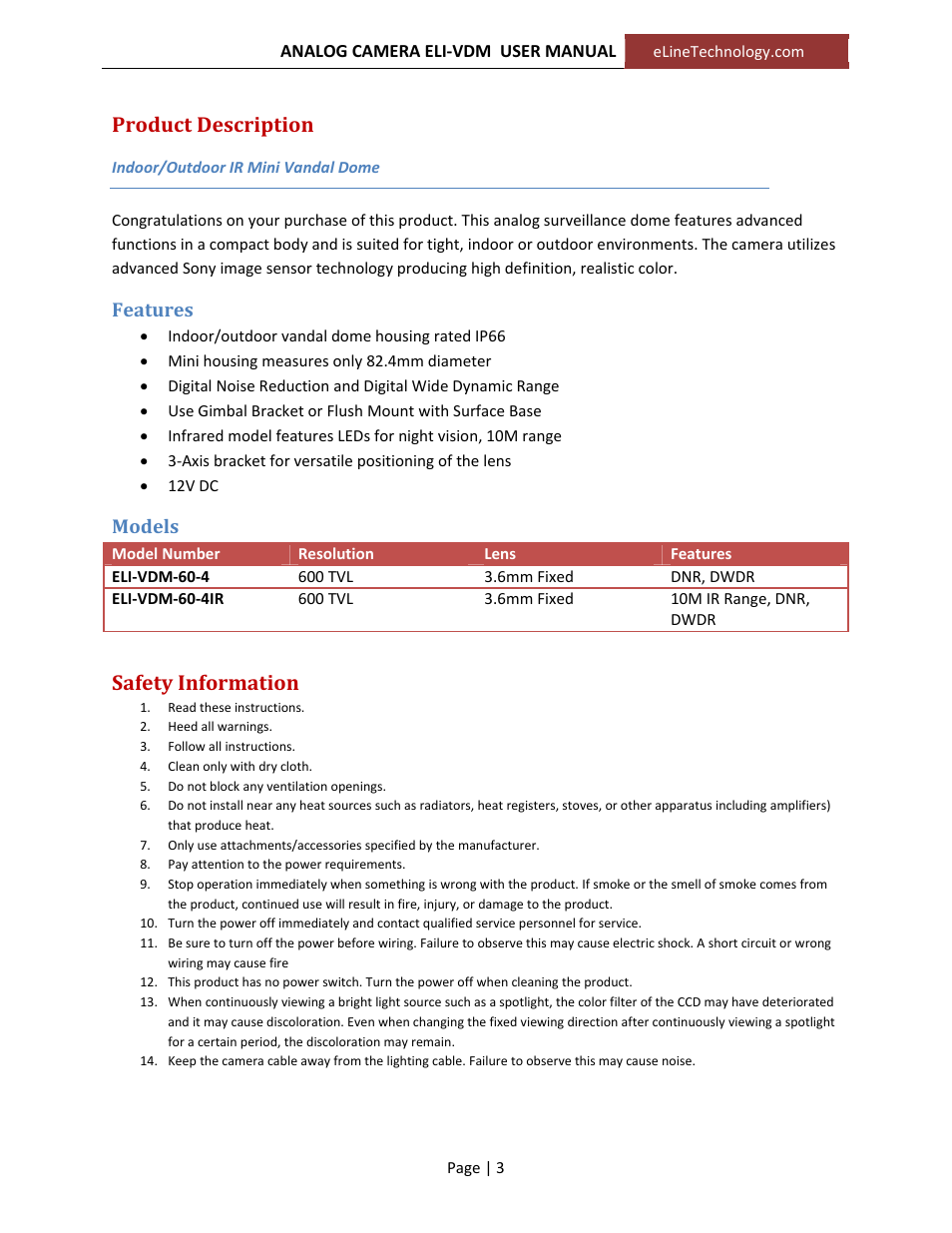 Product description, Safety information | eLine Technology VDM_‐VDM‐IR User Manual User Manual | Page 3 / 9