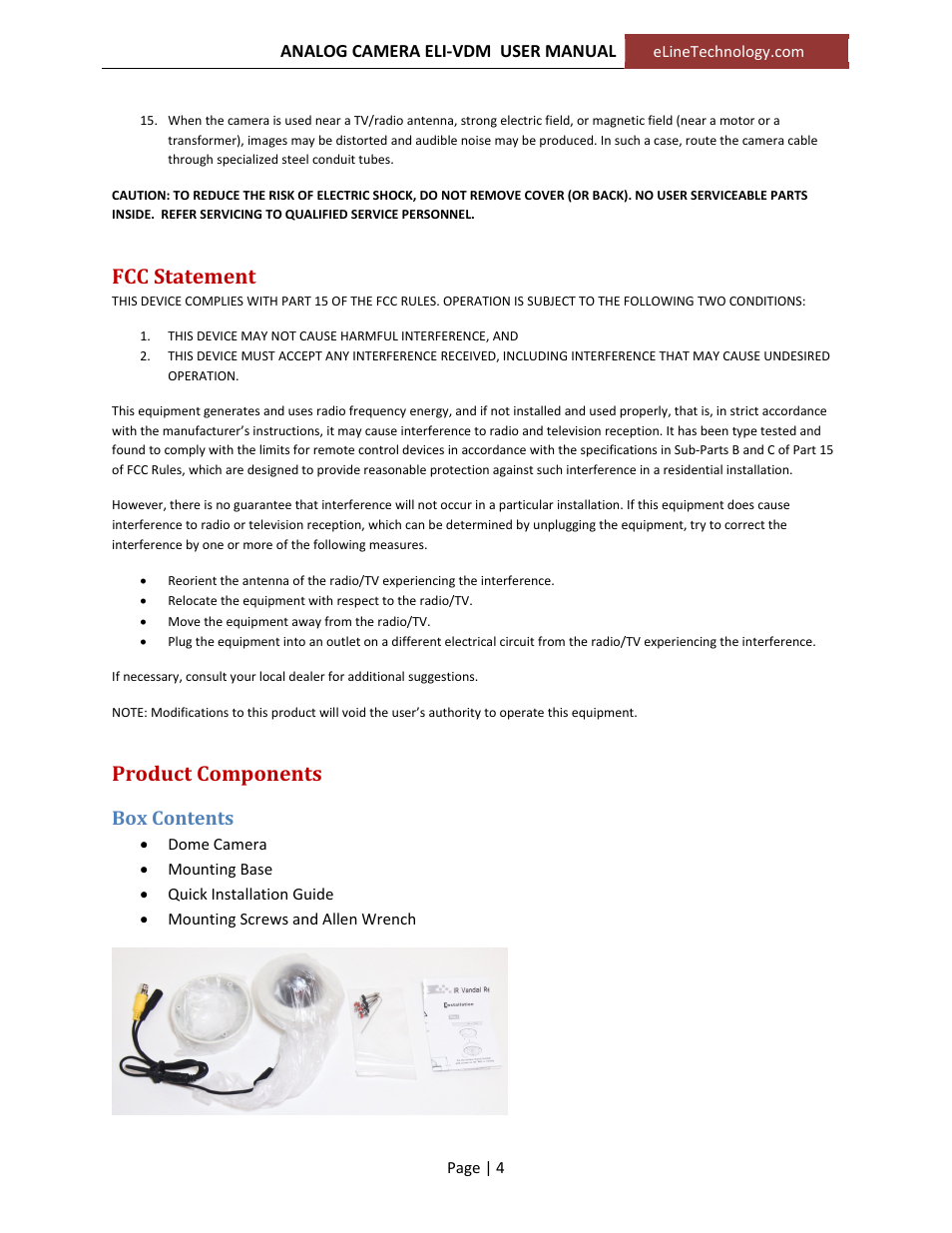 Fcc statement, Product components, Box contents | eLine Technology VDM_‐VDM‐IR User Manual User Manual | Page 4 / 9