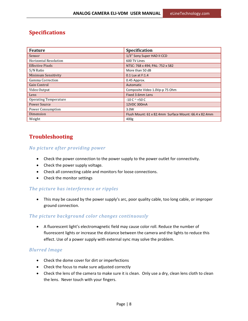 Specifications, Troubleshooting | eLine Technology VDM_‐VDM‐IR User Manual User Manual | Page 8 / 9