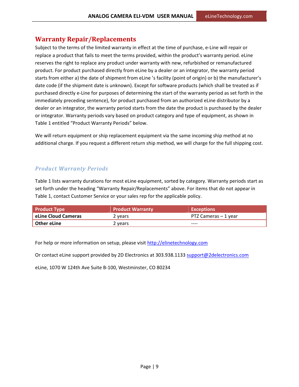 Warranty repair/replacements | eLine Technology VDM_‐VDM‐IR User Manual User Manual | Page 9 / 9