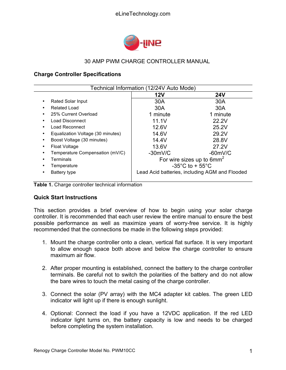eLine Technology SOLAR-Charge Controller User Manual | 4 pages