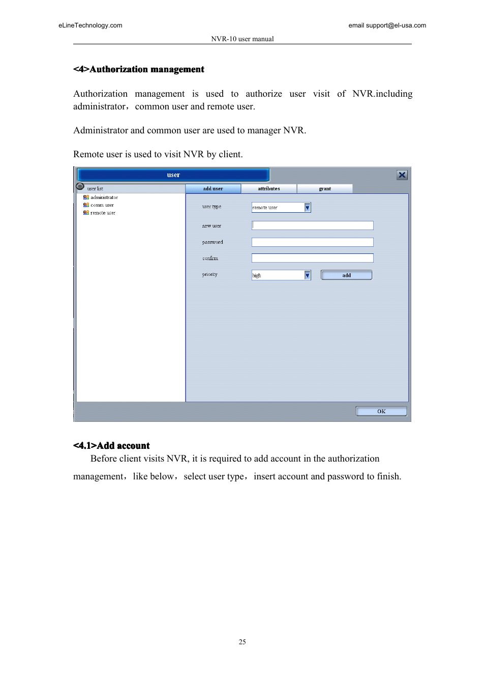 4>authorization management, 1>add account | eLine Technology SNI-NVR User Manual | Page 26 / 45