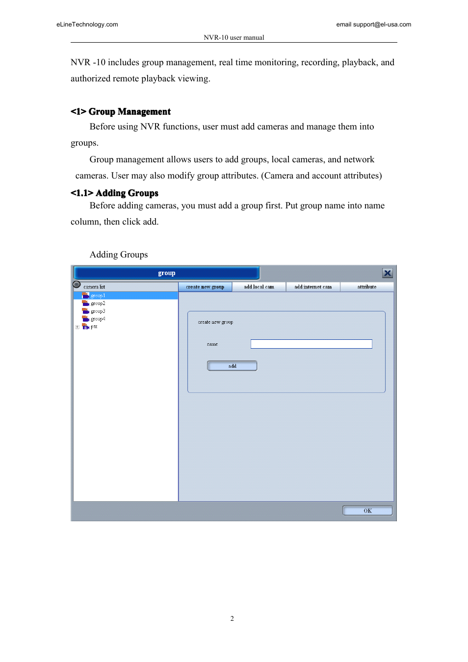 1> group management, 1> adding groups | eLine Technology SNI-NVR User Manual | Page 3 / 45