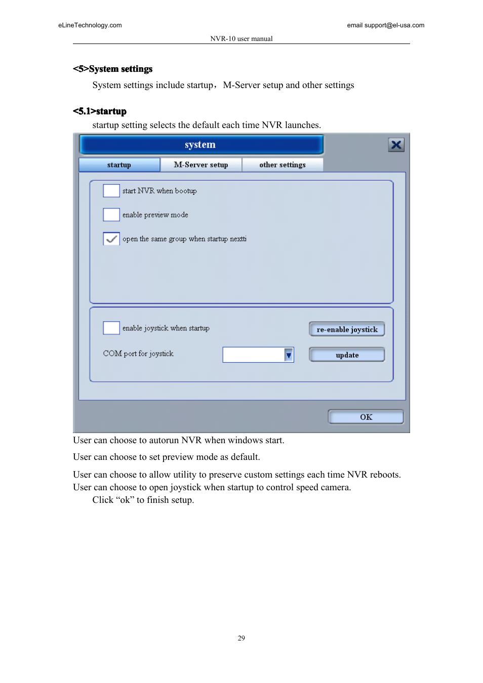 5>system settings, 1>startup | eLine Technology SNI-NVR User Manual | Page 30 / 45