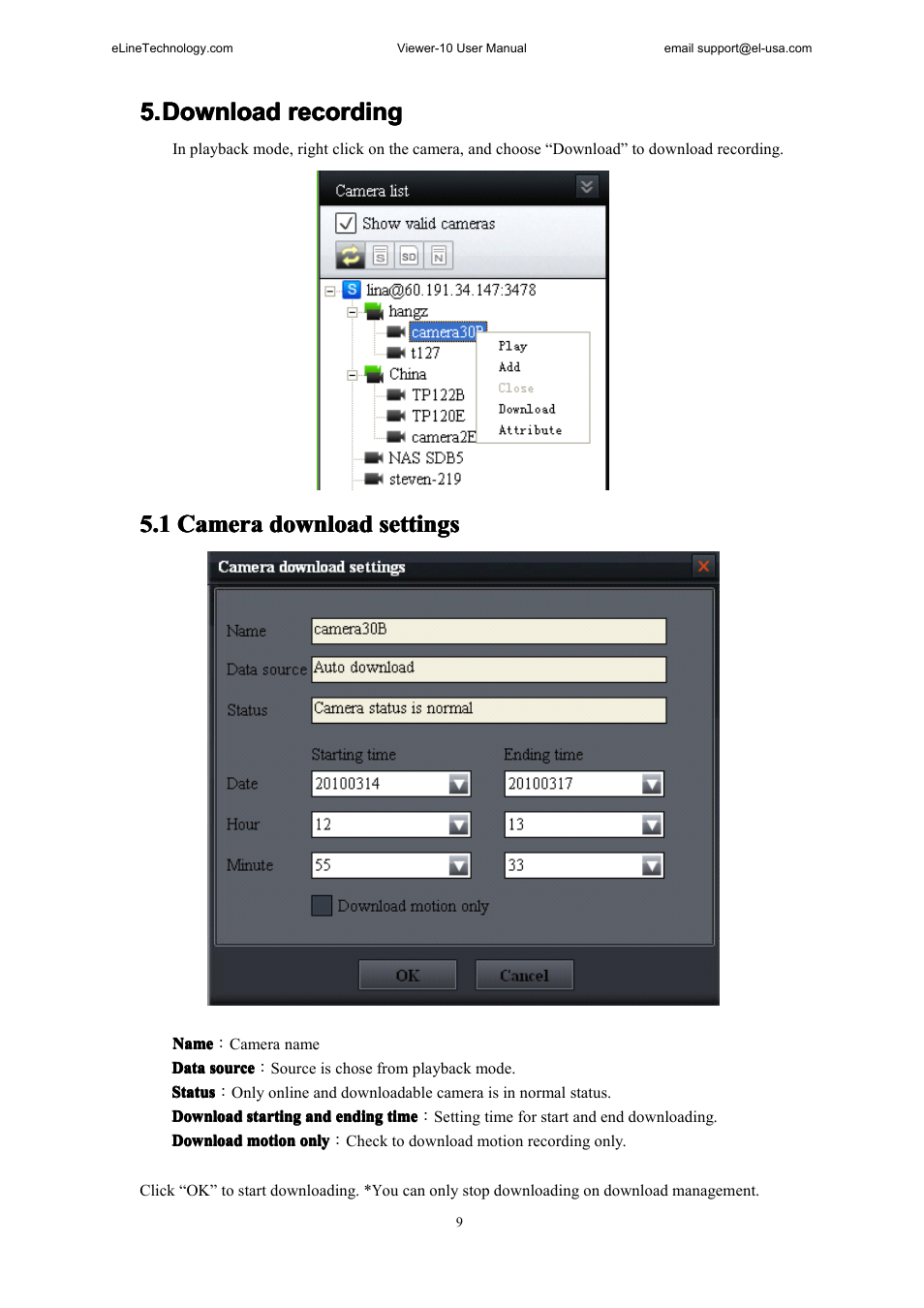 1cameradownloadsettings, Ownload recording, 1 camera download settings | eLine Technology SNI-Viewer User Manual | Page 10 / 19